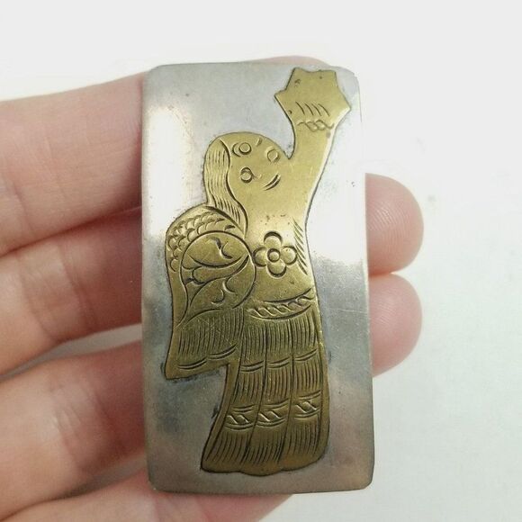 Vintage Two Tone Metal Angel Brooch, Silver Tone Rectangle Lapel PIn, Holiday - Picture 6 of 6